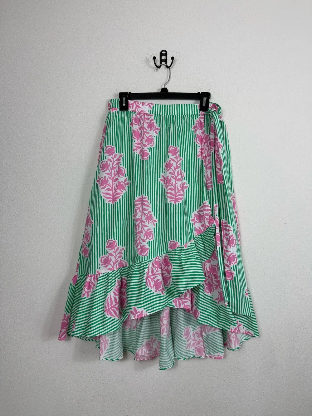 J.Crew Women's Poplin Midi Wrap Skirt Summer Green Pink Sz Medium
